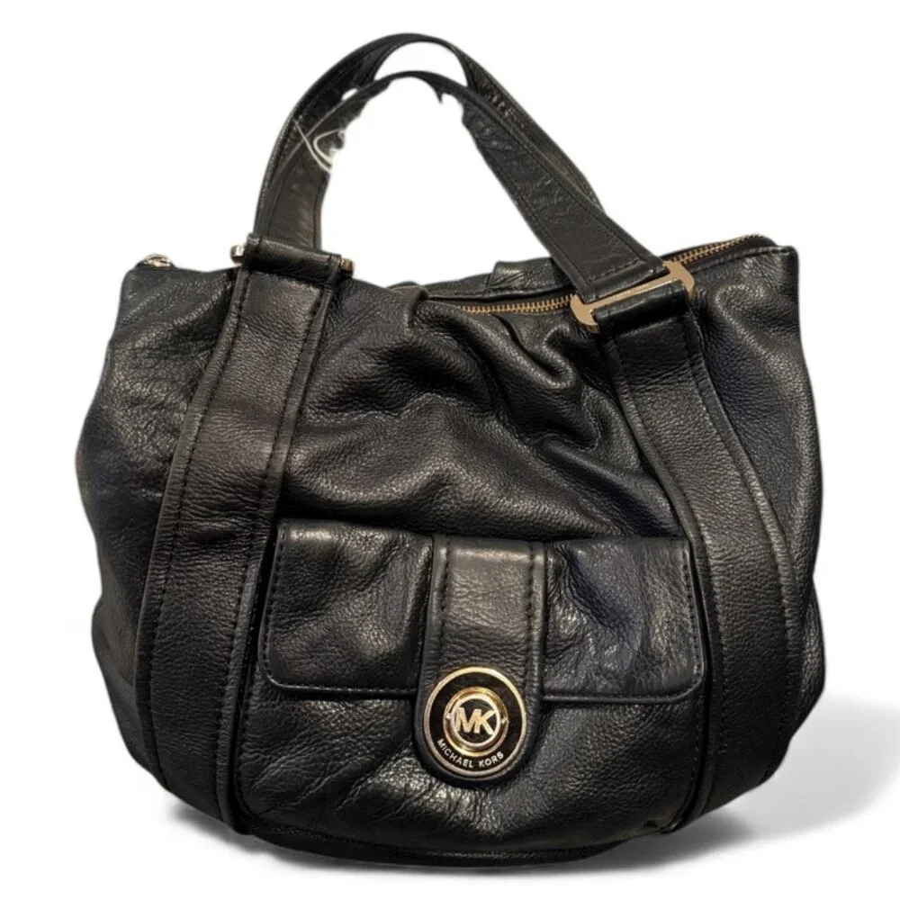 Michael Kors Black Leather Shoulder Bag Slouchy Hobo Gold Hardware Handbag